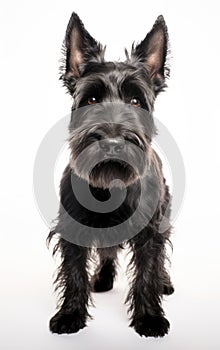 Scottish Terrier dog standing and looking at the camera in front isolated of a white background