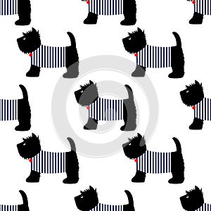 Scottish terrier in a sailor t-shirt seamless pattern. Cute dogs on white background illustration.