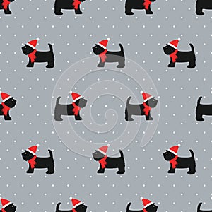 Scottish terrier in xmas hat seamless pattern.