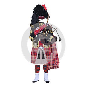 Scottish traditional clothing with bagpipes flat vector illustration