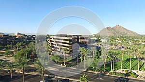 Scottsdale, Arizona, USA - Aerial shot of Scottsdale with Palm Trees, Mountain and Blue Sky
