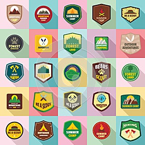 Scout badge emblem stamp icons set, flat style