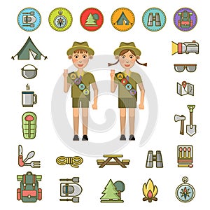 Scout boy and girl and equipment signs around