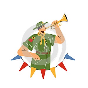 Scout bugler blows muster, flat cartoon vector illustration isolated on white.