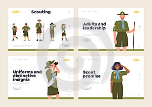 Scout club landing page template isolated set for online service offering knowledge information