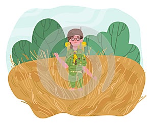 Scout girl in a field. Flat design illustration. Vector