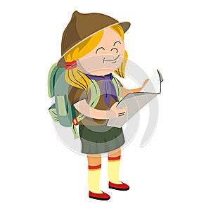 Scout girl with map icon, cartoon style