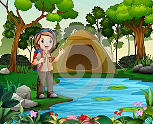 Scout girl on outdoor with tent and backpack