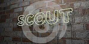 SCOUT - Glowing Neon Sign on stonework wall - 3D rendered royalty free stock illustration