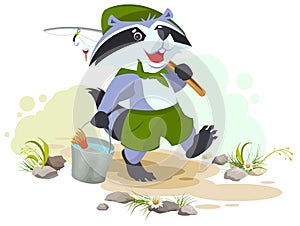 Scout goes fishing. Raccoon scout carries bucket of fish. Fisherman with fishing rod