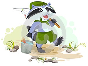 Scout goes fishing. Raccoon scout carries bucket of fish. Fisherman with fishing rod photo