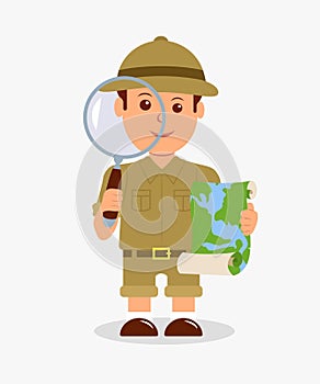 Scout holding a magnifier and a map on a white background. Concept design isolated character explorer boy