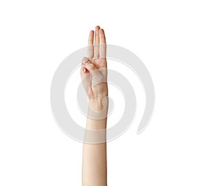 Scout honor hand gesture on white background