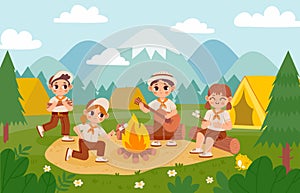 Scout kids by bonfire. Cartoon boys and girls in summer camp with tent, action and adventure on nature. Vector