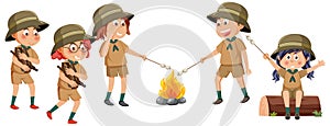 Scout kids cartoon characters around bonfire