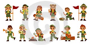 Scout kids. Cute cartoon boys and girls in scout uniform for summer camp survive in wild and build a camp. Vector