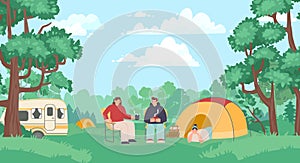 Scout kids. Female and male tourists sitting on chairs in nature and drinking tea. Woman lying in tent