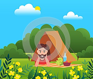 Scout on outdoor picnic, nature hike. Male tourist with food and drink lying in tent in forest