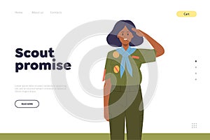 Scout promise concept for educational online service landing page template with happy girlscout