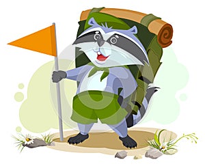 Scout raccoon with backpack goes camping. Summer Camping