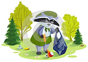 Scout raccoon collects trash in forest. Caring for nature
