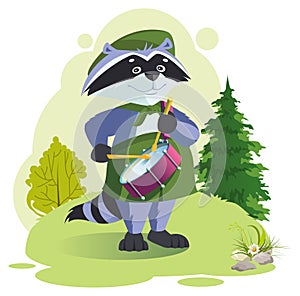 Scout raccoon drummer beats drum. Boy scout summer camp