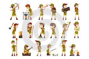 Scouting boys set, boy scouts with hiking equipment, summer camp activities vector Illustrations on a white background photo