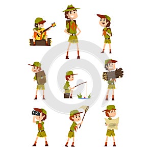 Scouting boys set, boy scouts with hiking equipment, summer camp activities vector Illustrations on a white background
