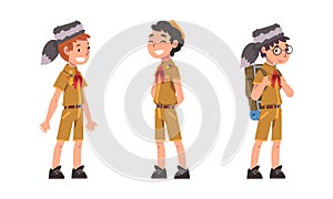Scouting children set. Cheerful boys in explorer outfit cartoon vector illustration