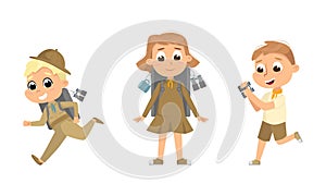 Scouting children set. Cute little boy and girl scouts in uniform carrying backpacks and camping gears cartoon vector