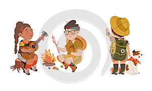 Scouting kids set. Boy and girl wearing uniform and neckerchiefs roasting marshmallows on campfire cartoon vector