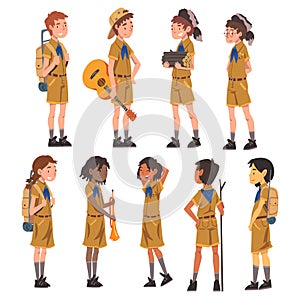 Scouts Boys and Girls Set, Scouting Kids Characters Wearing Uniform and Blue Neckerchiefs with Camping Objects, Summer