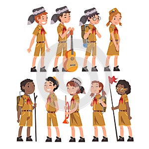 Scouts Boys and Girls Set, Scouting Kids Characters Wearing Uniform and Red Neckerchiefs, Summer Camp Activities Vector