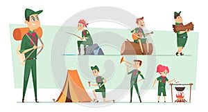 Scouts characters. Summer campers boys and girls junior rangers group survival scouts with backpacks vector kids