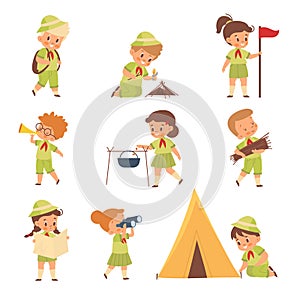 Scouts kids. Boys and girls in uniform learning survival in wild. Young nature explorers and adventurers build camp