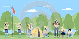 Scouts in nature camping, forest survival adventures. Scout and ranger, cartoon teens and children in hiking. Young team