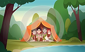 Scouts in tent. Teenage rangers survive in wildwood scouts group sitting in tent swanky vector cartoon background