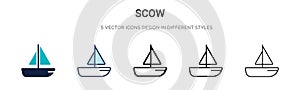 Scow icon in filled, thin line, outline and stroke style. Vector illustration of two colored and black scow vector icons designs