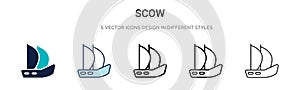 Scow icon in filled, thin line, outline and stroke style. Vector illustration of two colored and black scow vector icons designs