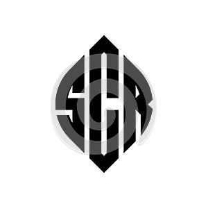 SCR circle letter logo design with circle and ellipse shape. SCR ellipse letters with typographic style. The three initials form a