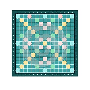 Scrabble or erudite square board design with grid of blank colorful cells. Popular intellectual tabletop word game for