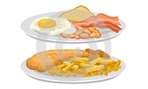 Scrambled Egg and Fish and Chips as Delicious English Dish Vector Set