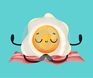 Scrambled Egg with Yellow Yolk Rested in Yoga Pose on Bacon Strip Vector Illustration