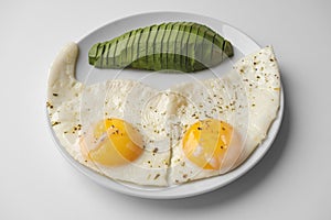 Scrambled eggs with avocado and specialy on a white plate on a white background. Close-up, top view