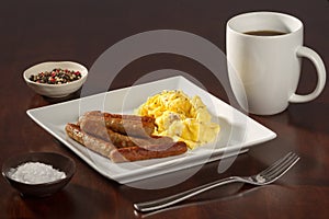 Scrambled Eggs and Link Sausages with Coffee Askew