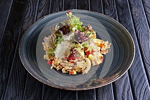 Scrambled eggs with mushrooms and romaine, batavia, lettuce, salad