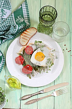 Scrambled eggs with tomatoes and green beans on green wooden background