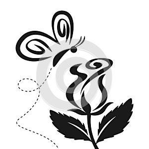 Stylistic Vector Illustration of an Abstract Butterfly and an Abstract Rose