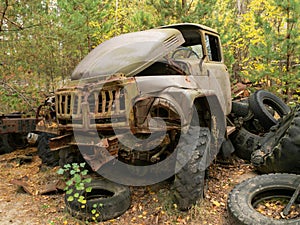 Scrap of big machine left after the Chernobyl disaster. Chernobyl Exclusion Zone, Ukraine.