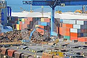 Scrap metal, container and pipe in port